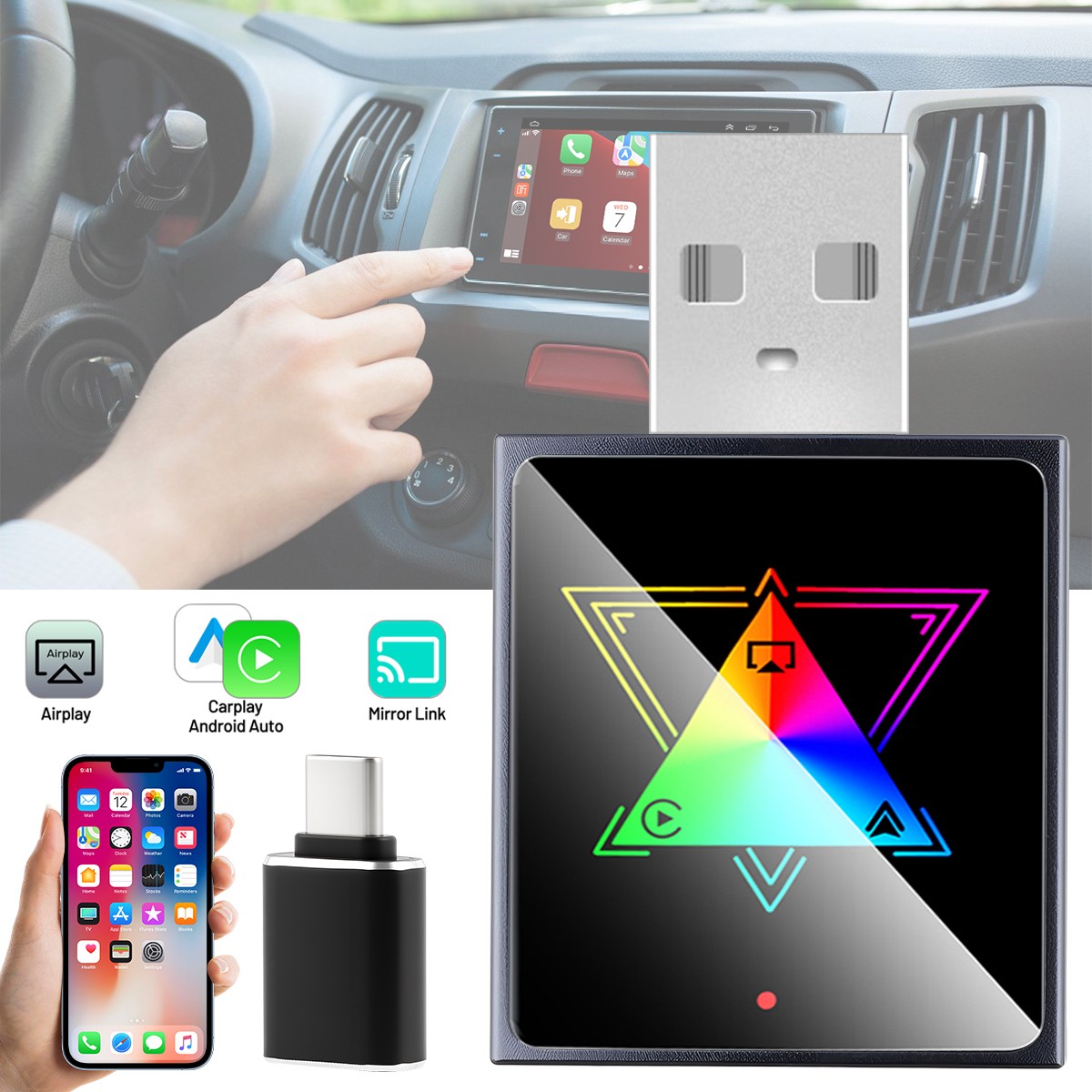 4-in-1 Wireless Adapter for Apple CarPlay Android Auto AirPlay MirrorLink A+