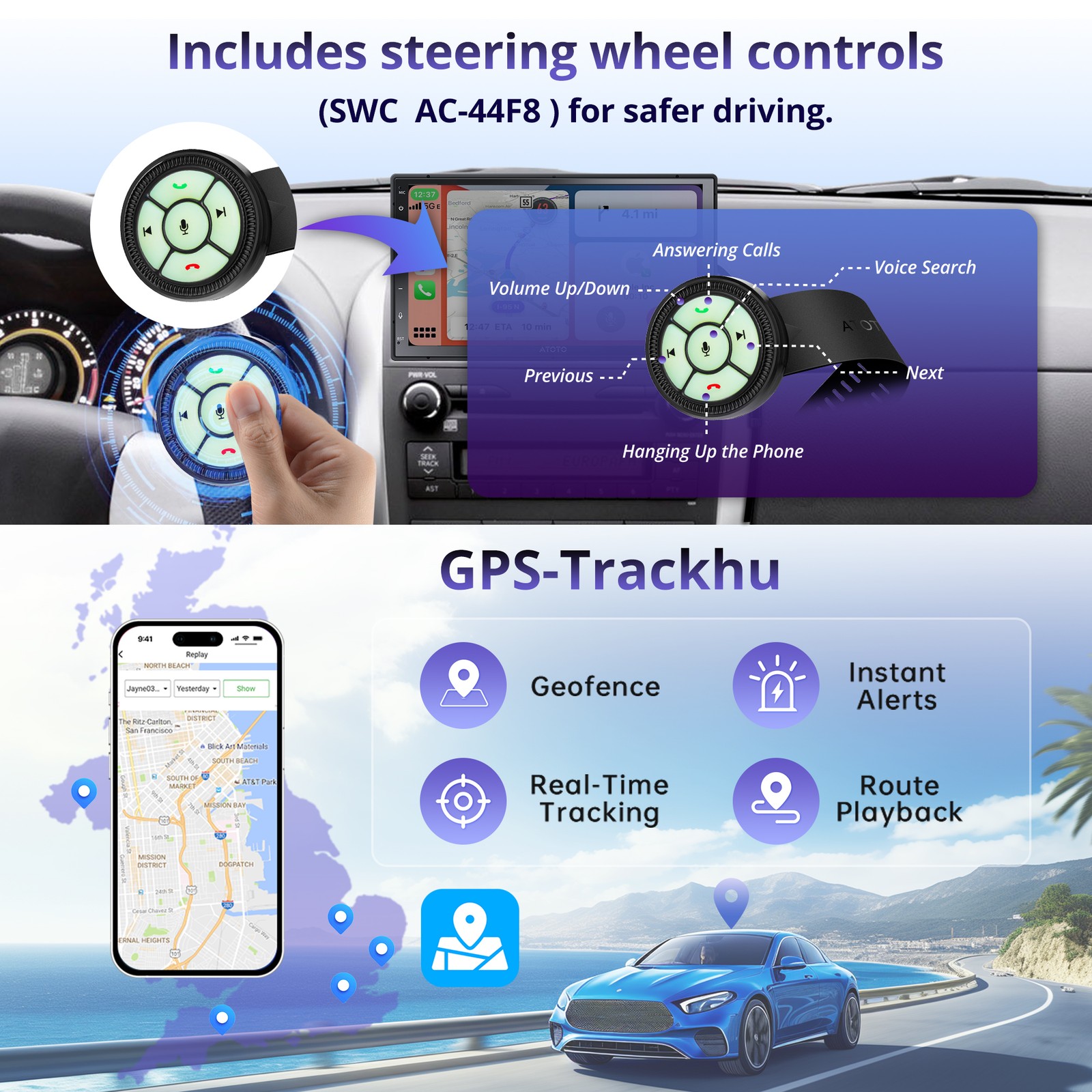 ATOTO 7″ Double Din Touchscreen Car Radio Wireless Carplay &Android Auto GPS+SWC
