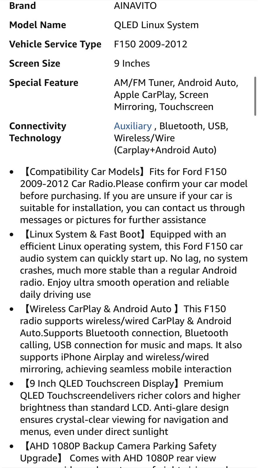 9 Inch QLED Linux Car Stereo Radio for Ford F150 2009-2012 Wireless CarPlay