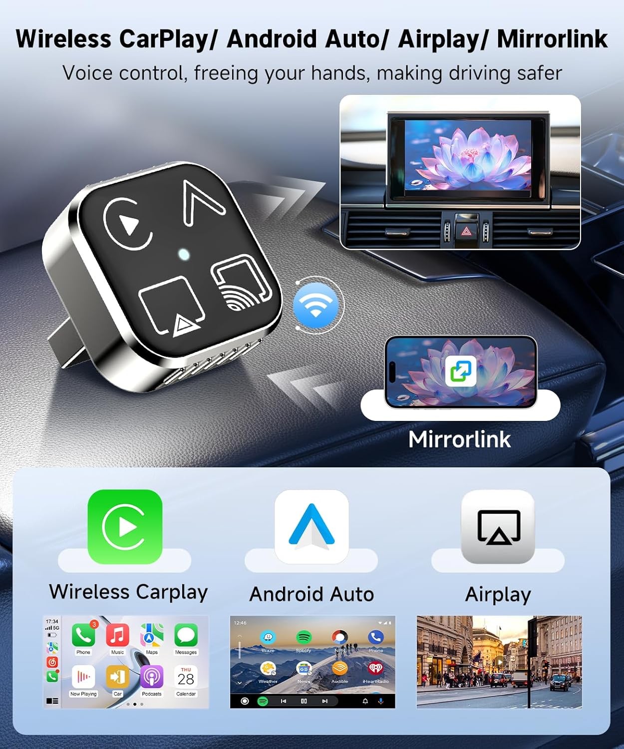 4-IN-1 Carplay Adapter Wired to Wireless CarPlay Android Auto Mirror Link –2026