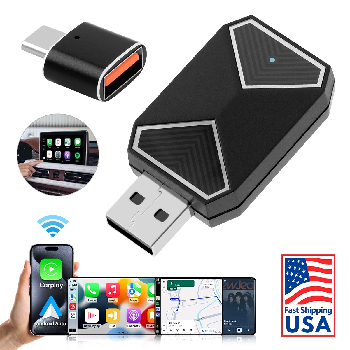 Wireless CarPlay Adapter Plug & Play for Factory Wired CarPlay Cars US