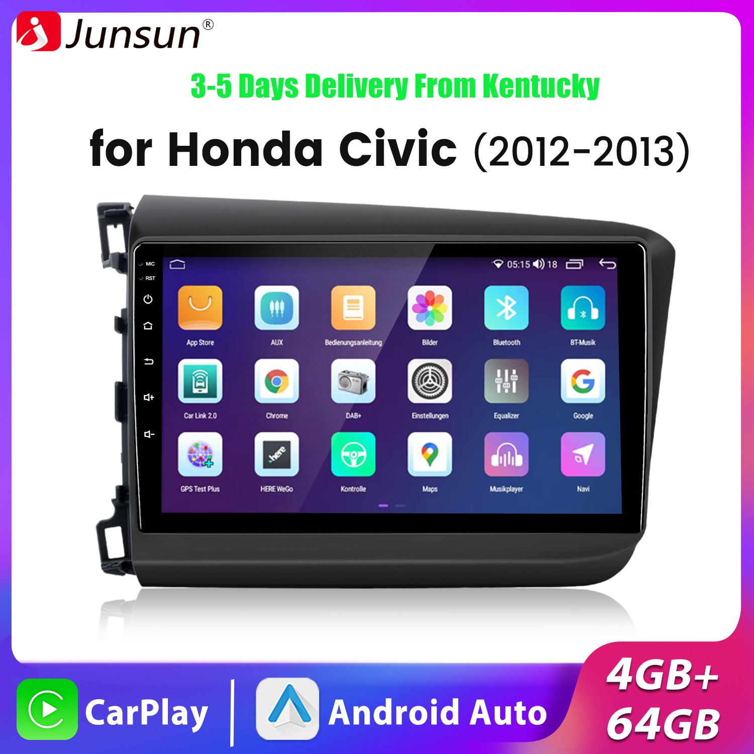 4+64G Android15 Carplay Car Stereo Radio For Honda Civic 2012-2015 GPS Navi WiFi