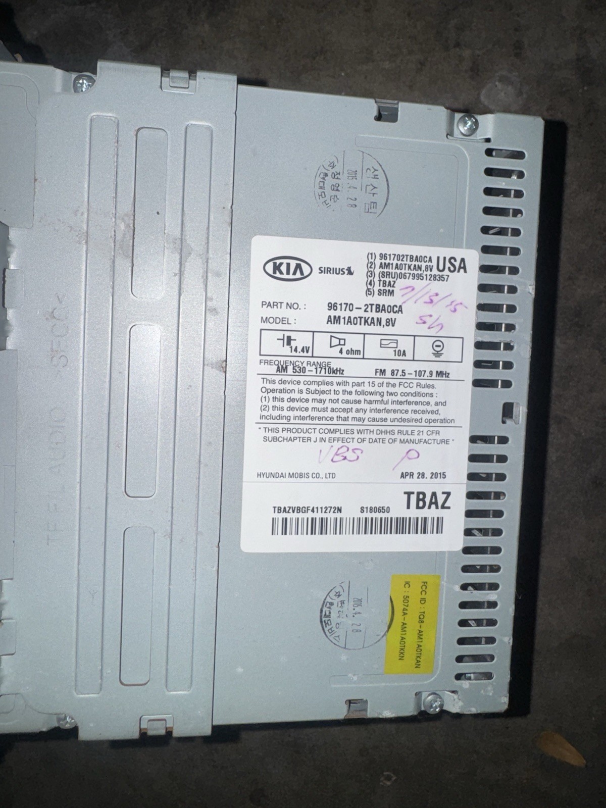 2014 – 2016 Kia Optima OEM SIRIUS SAT MP3 Bluetooth CD AM FM Radio Receiver