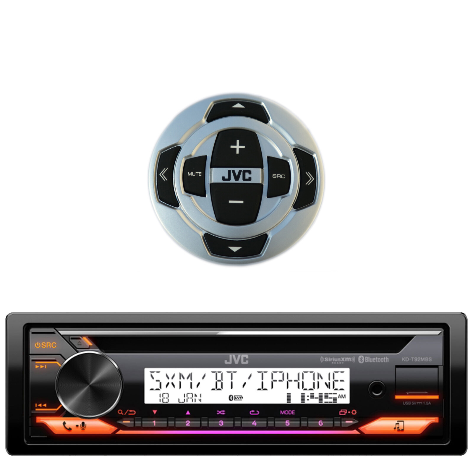 JVC KD-T92MBS Single DIN Marine Bluetooth USB AUX CD Stereo Receiver w/Remote