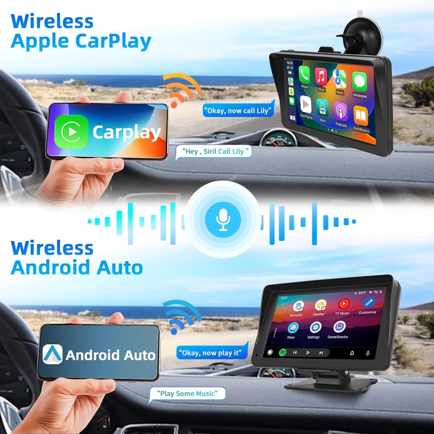 Podofo Portable Car Stereo with Wireless Carplay Android Auto 7 Inch IPS Screen