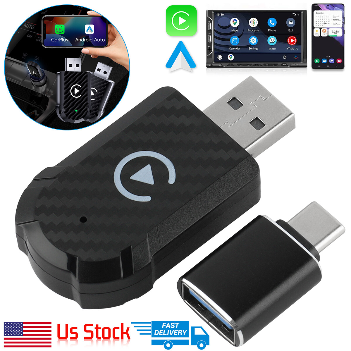 2025 Wireless CarPlay/Android Auto Adapter 5.0 USB-C 2-in-1 Smart Dongle A+