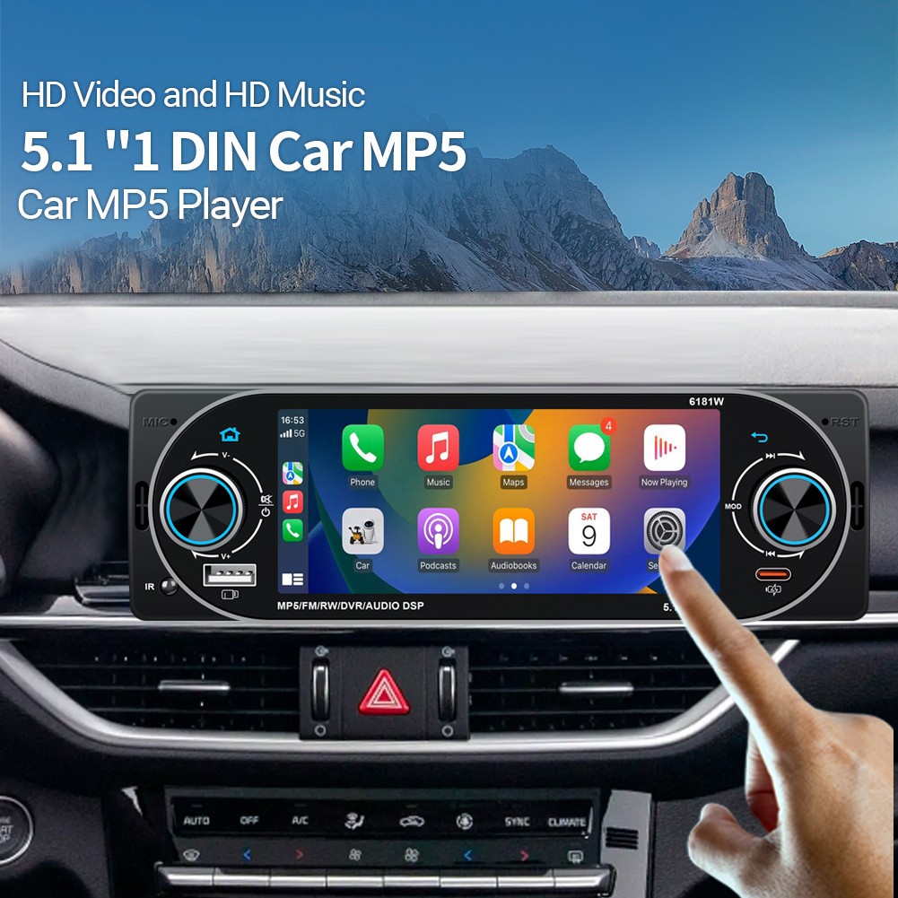 5.1in 1DIN Touch Screen Car MP5 Player USB Type-C FM For Carplay Android Auto