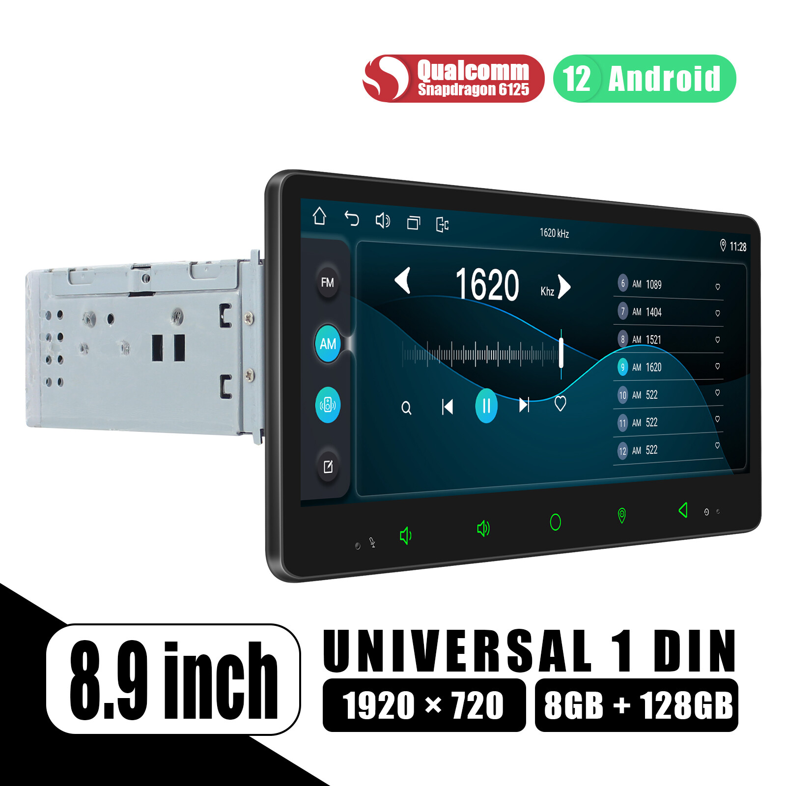 JOYING 8.9 Inch Single Din Universal Android 12.0 Car Radio Octa Core 8+128GB BT