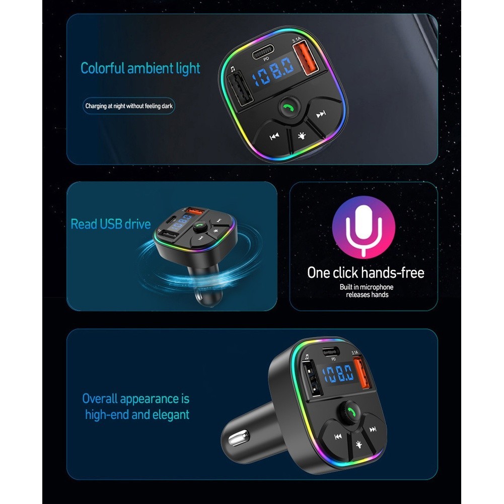 Wireless Car for fm Transmitter with Dual USB A and USBC Charging Ports MP3
