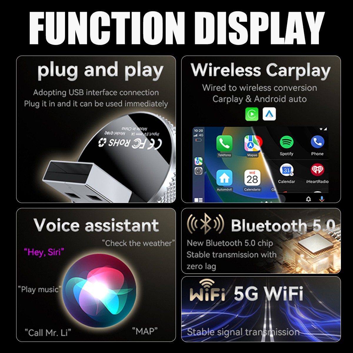 For iPhone Wireless Dongle Plug ＆ Play USB Auto Wireless CarPlay Adapter 2 in 1