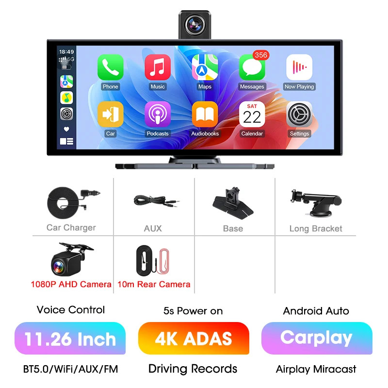 11.26″ 4K ADAS Dash Cam Display Wireless CarPlay Screen DVR Dual Recording Night