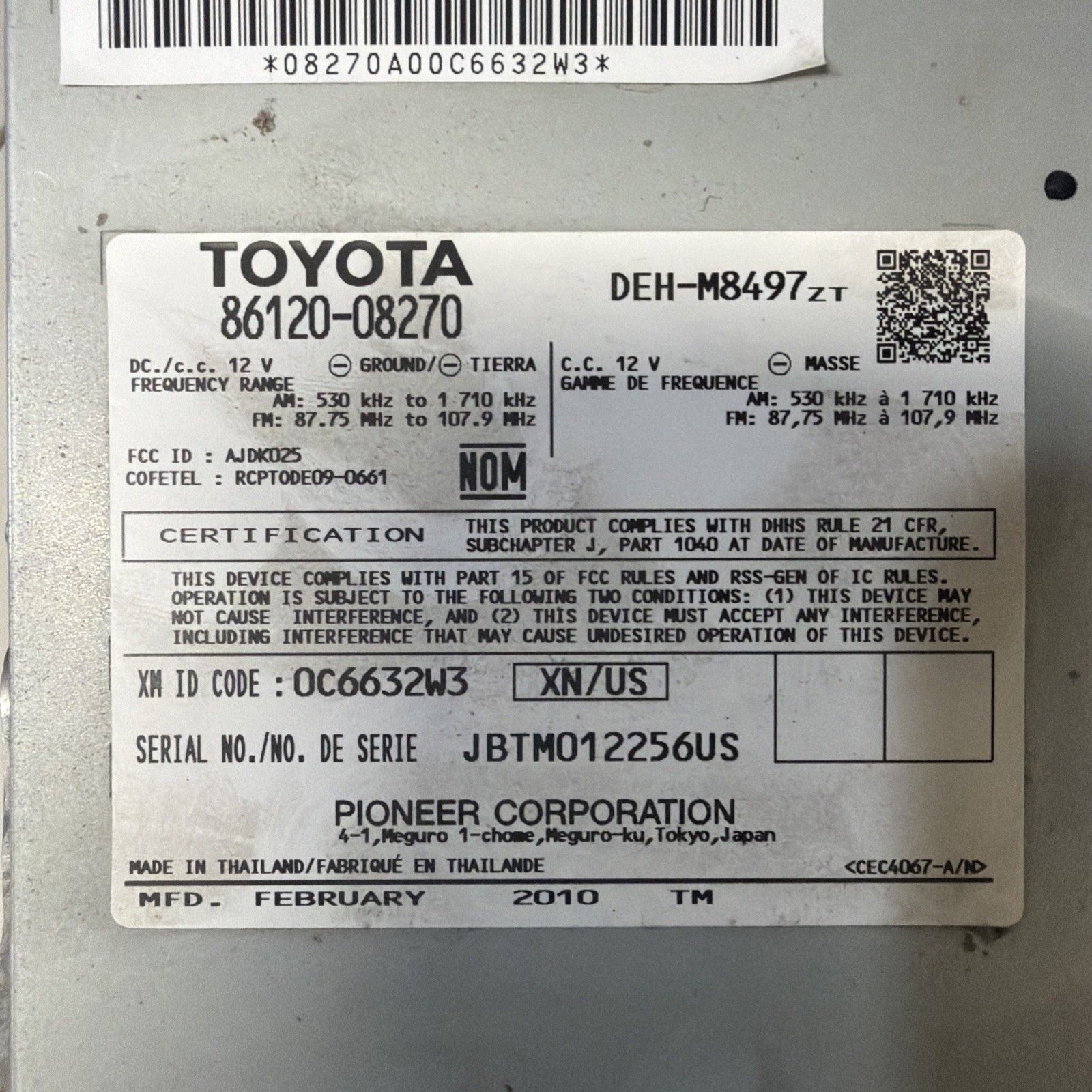 2011-2014 TOYOTA SIENNA AM/FM RADIO DISC CD MP3/WMA PLAYER 86120-08270 OEM