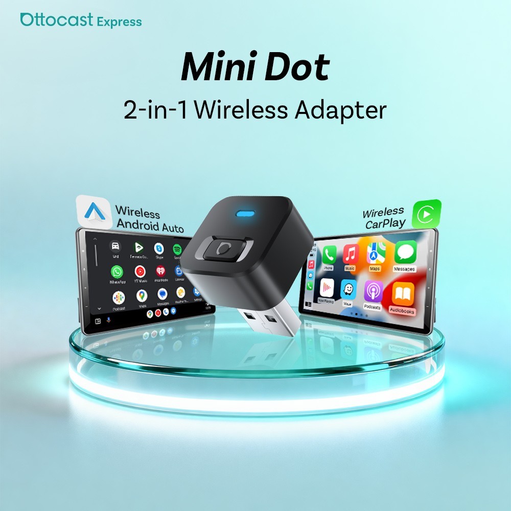 2in1 Ottocast MINI Dot Wireless CarPlay+Android Auto Adapter 5s Auto Connection