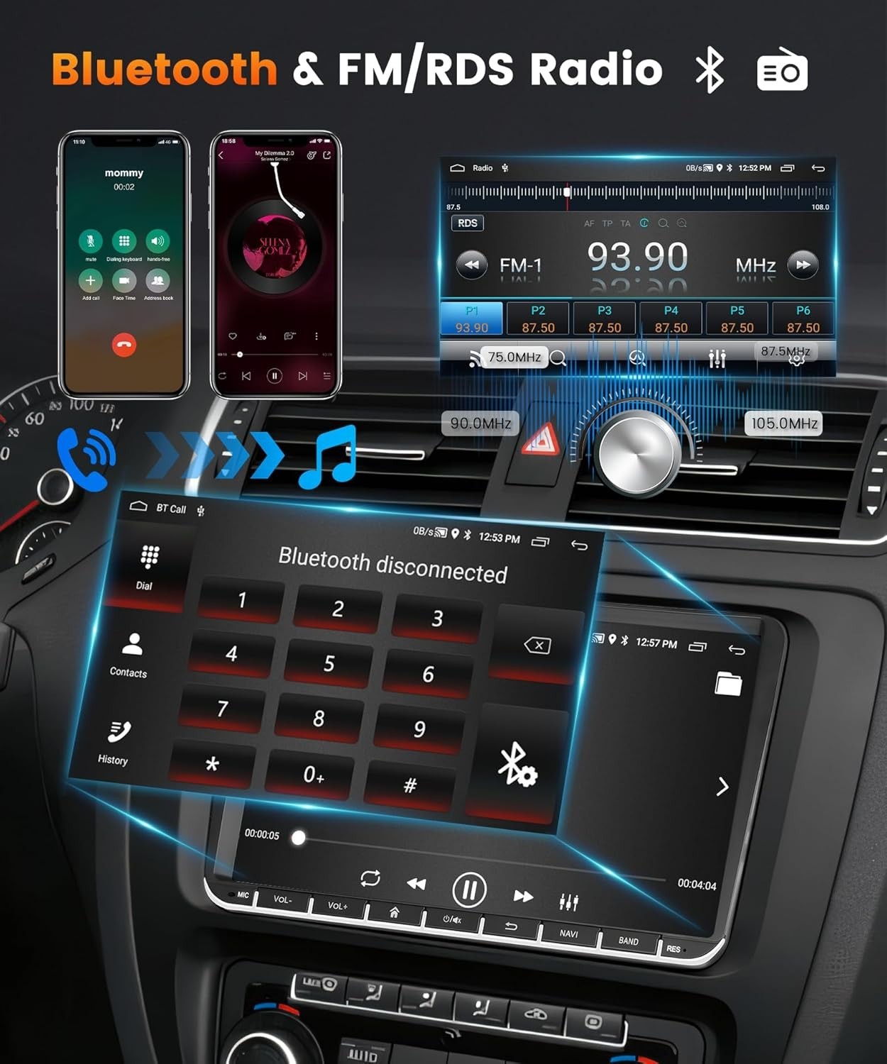 Podofo 2G+64G Car Stereo with Wireless Carplay Android Auto, 9″ Touch Screen