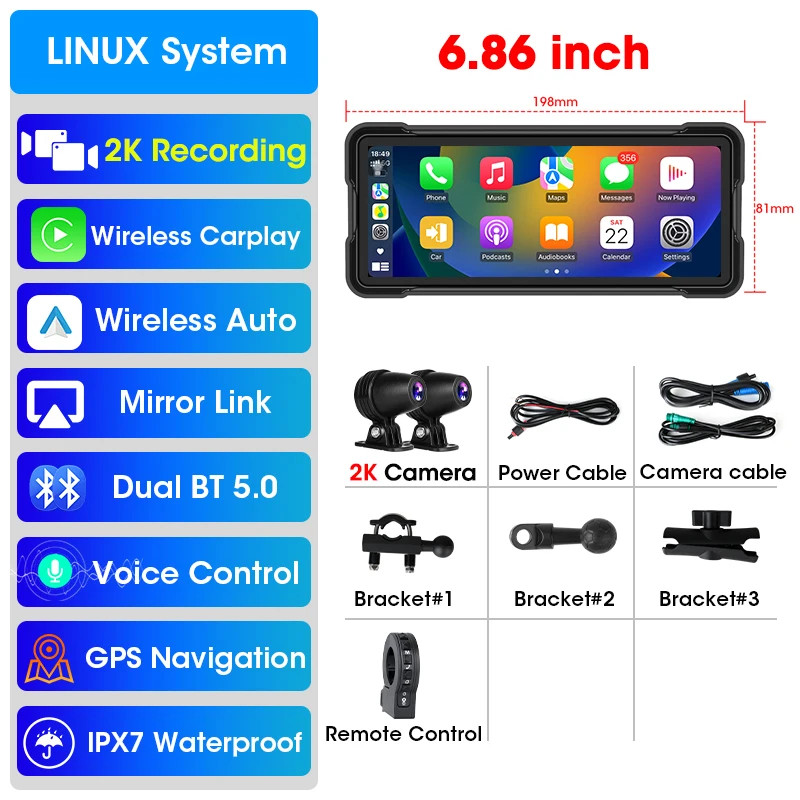 6.86 inch Portable Motorcycle GPS Navigation 2K Camera DVR Wireless Android