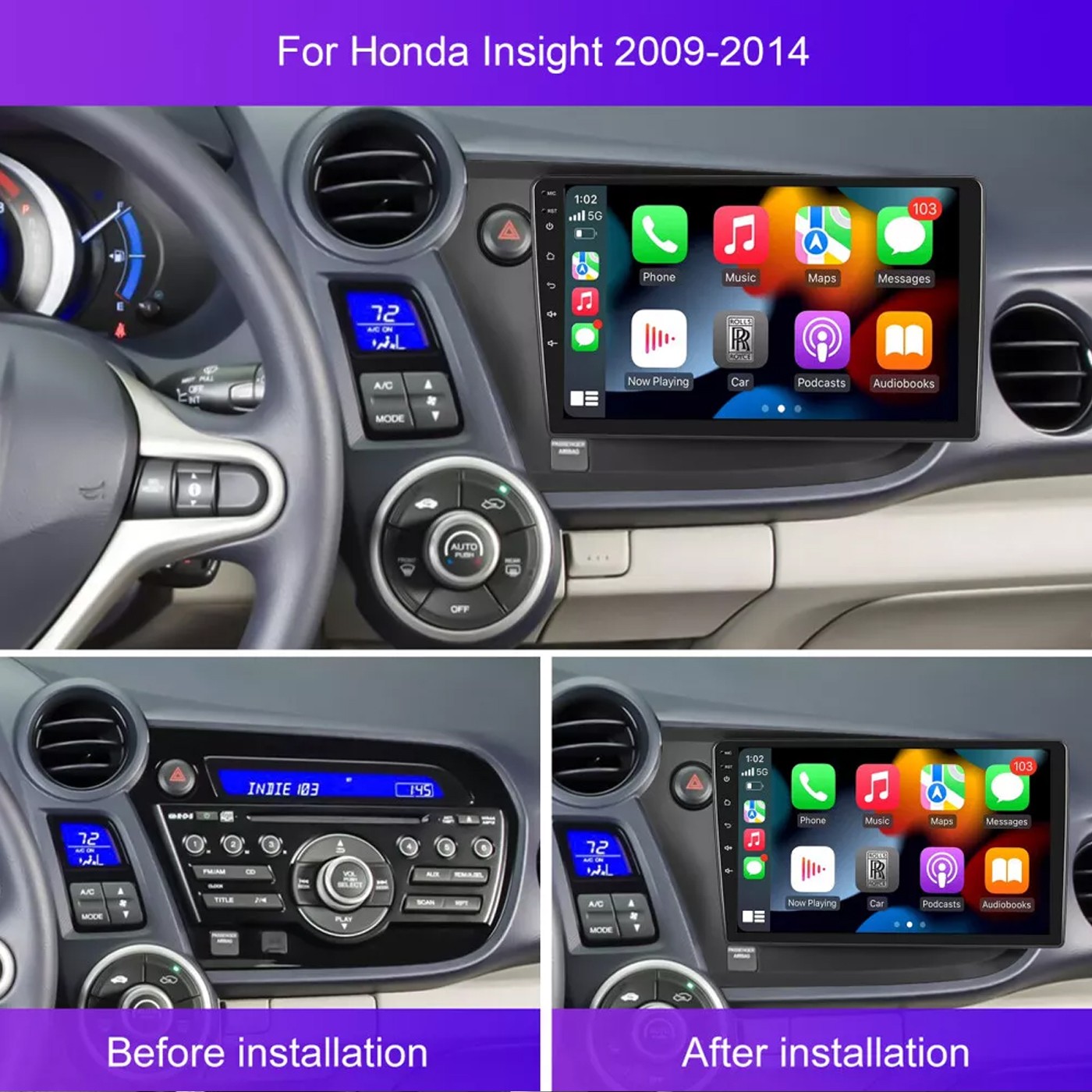 4+64G Android 15 CarPlay Stereo Radio GPS Sat Nav 9″ For Honda Insight 2009-2014