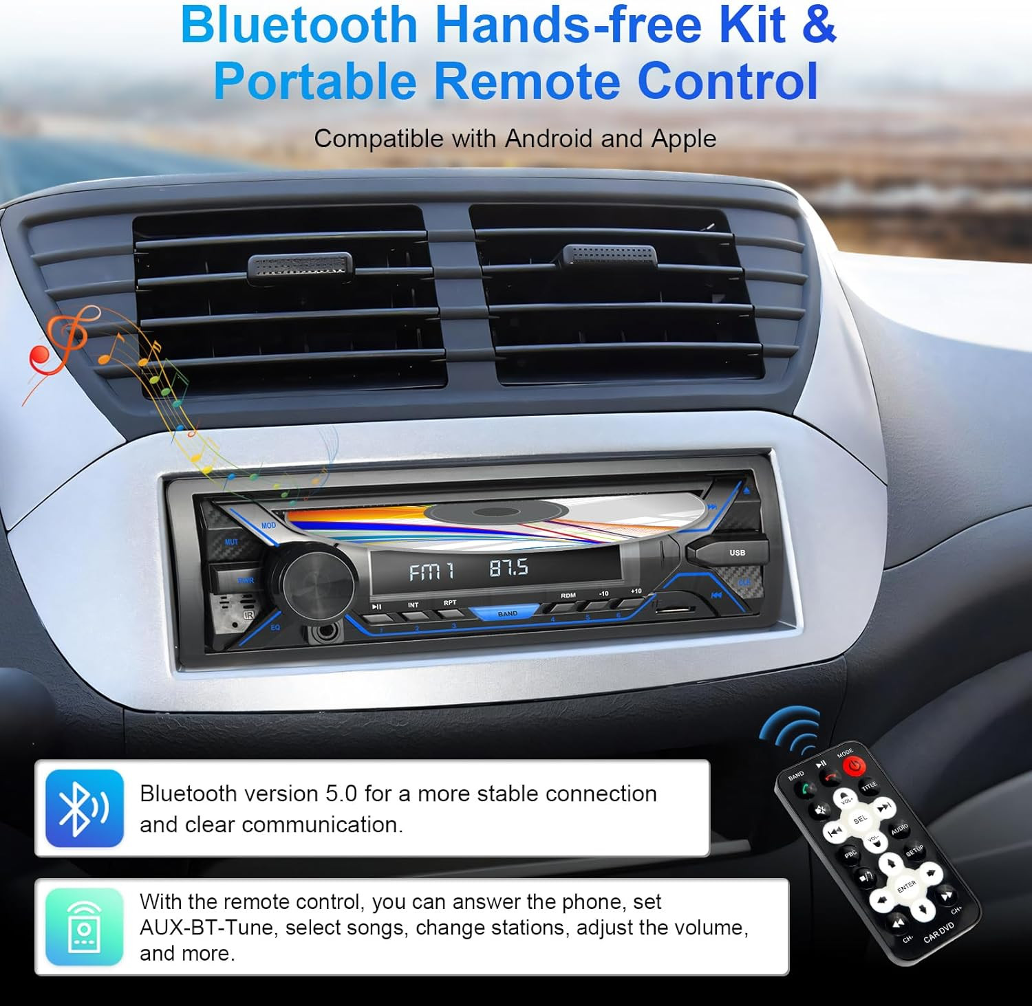 Single 1Din Bluetooth Car Stereo with CD DVD Player AM/FM Radio SD Card Playback