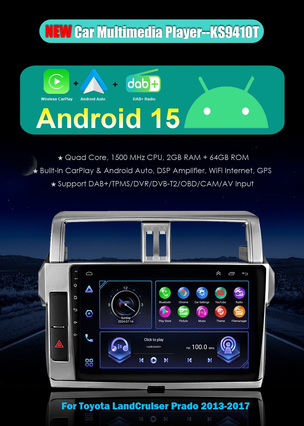 10inch Android15 Car Stereo Navigation GPS For Toyota Landcruiser Prado 2013-2018