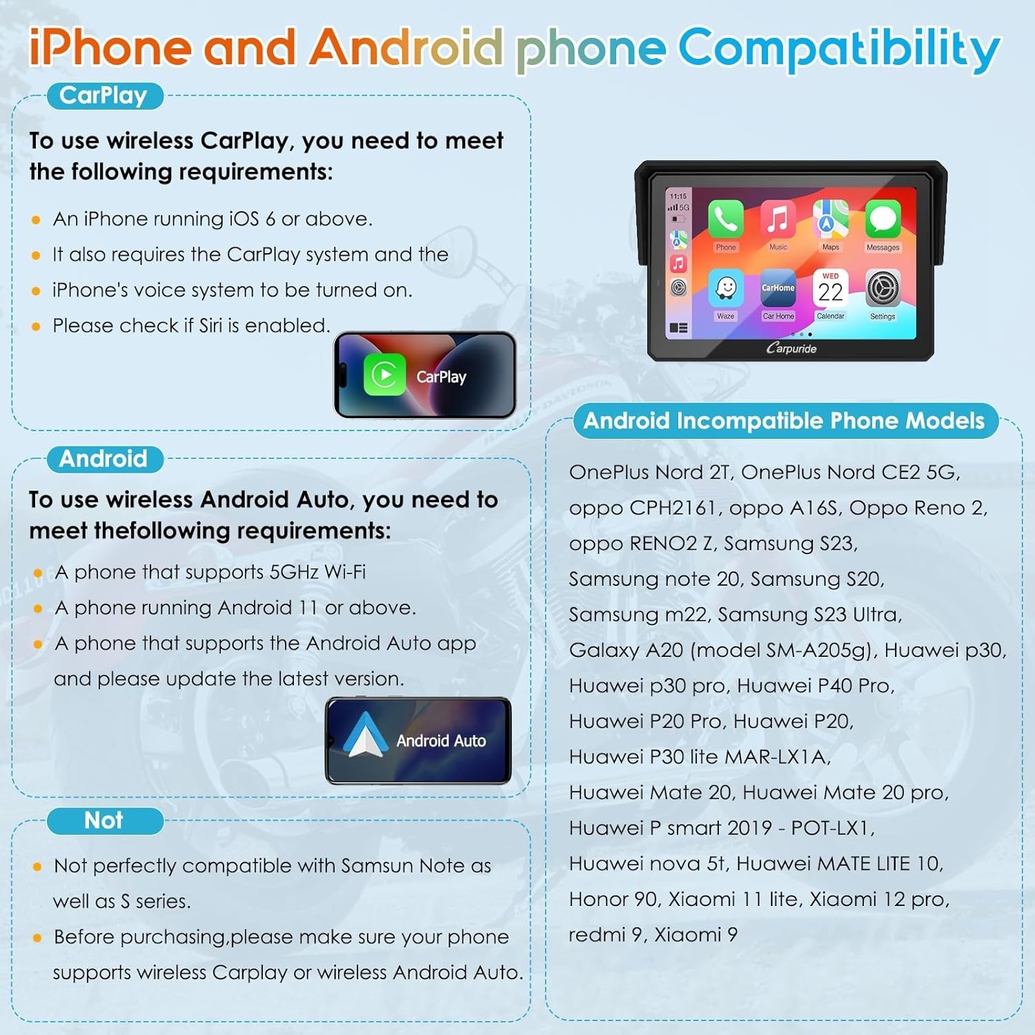 Carpuride W502Pro Motor Stereo Carplay Android Auto Intercom Compass Waterproof