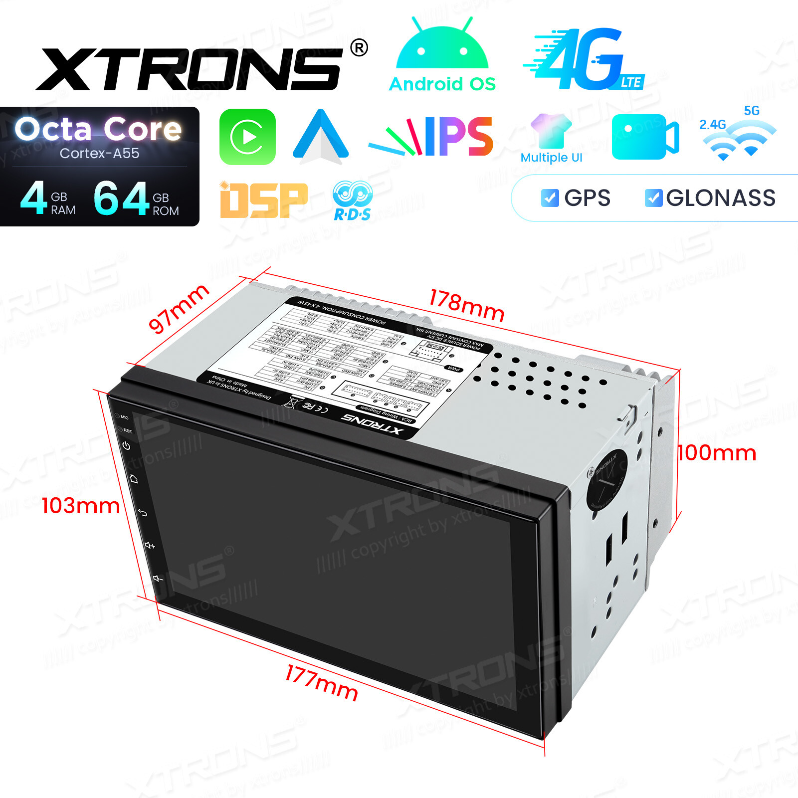 XTRONS Double Din 7″ Android 14 8-Core 4+64GB Car Stereo Head Unit GPS Radio RDS