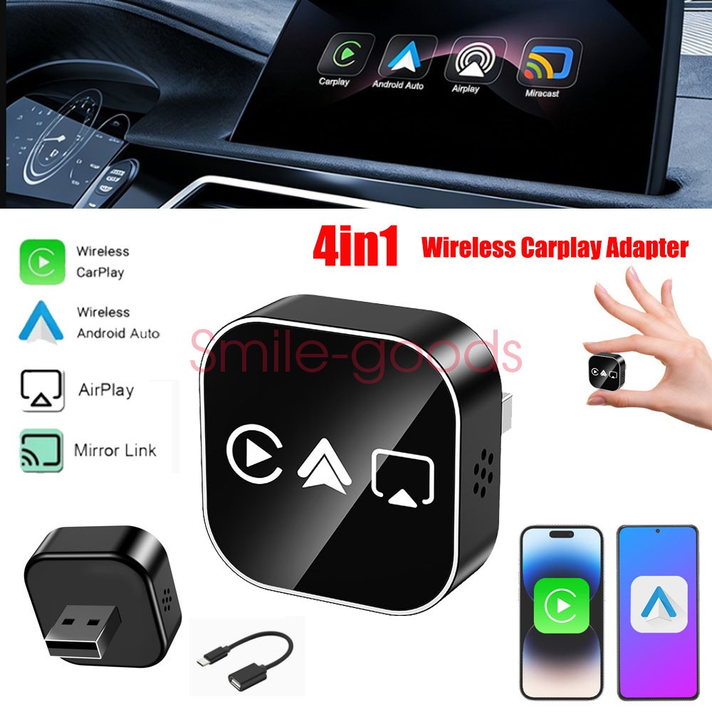 4in1 Wired to Wireless CarPlay Adapter for Apple iPhone Android Mirror Link