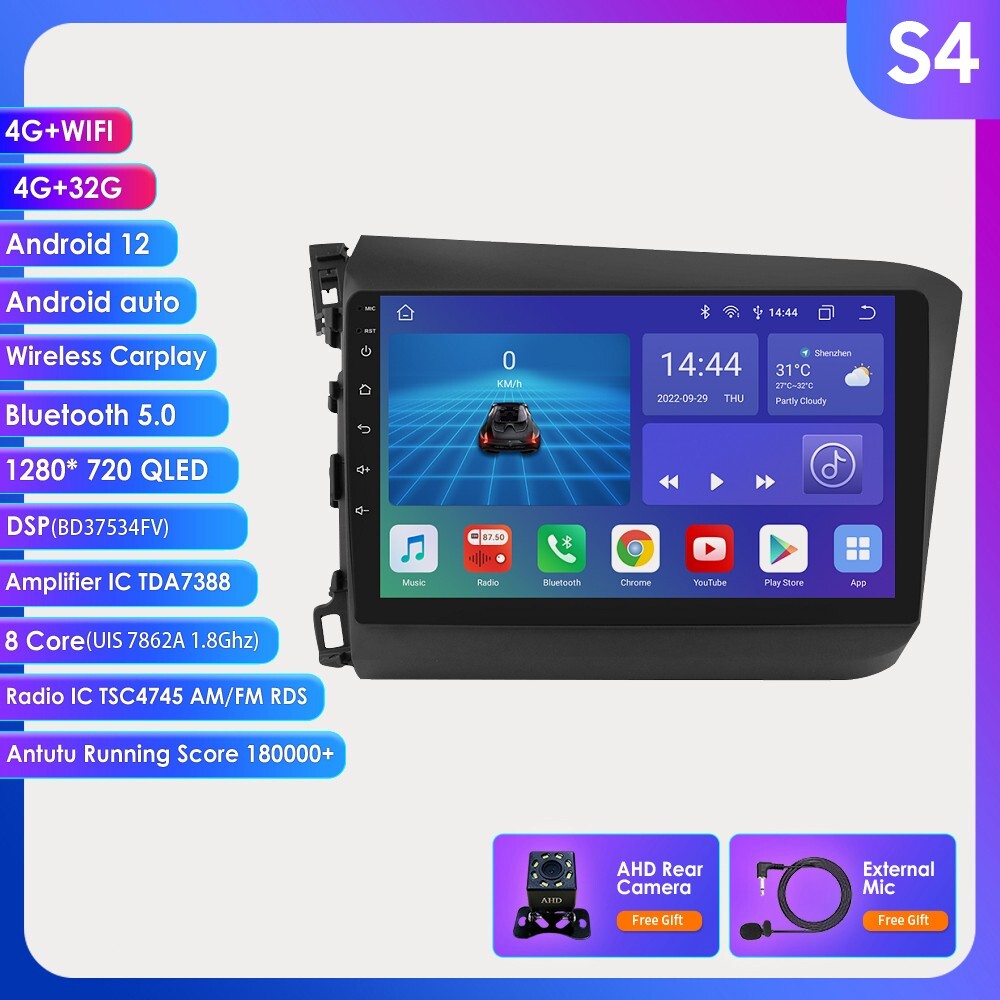 9″ For Honda Civic 2012-2015 Car Carplay Radio GPS DSP WiFi BT SWC FM 4+32GB CAM
