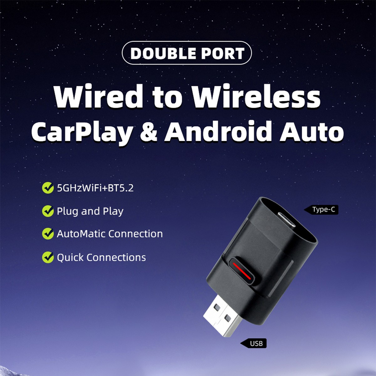 5GHz WiFi USB & Type-C Plug and Play Cable to Wireless CarPlay Mini Adapter US