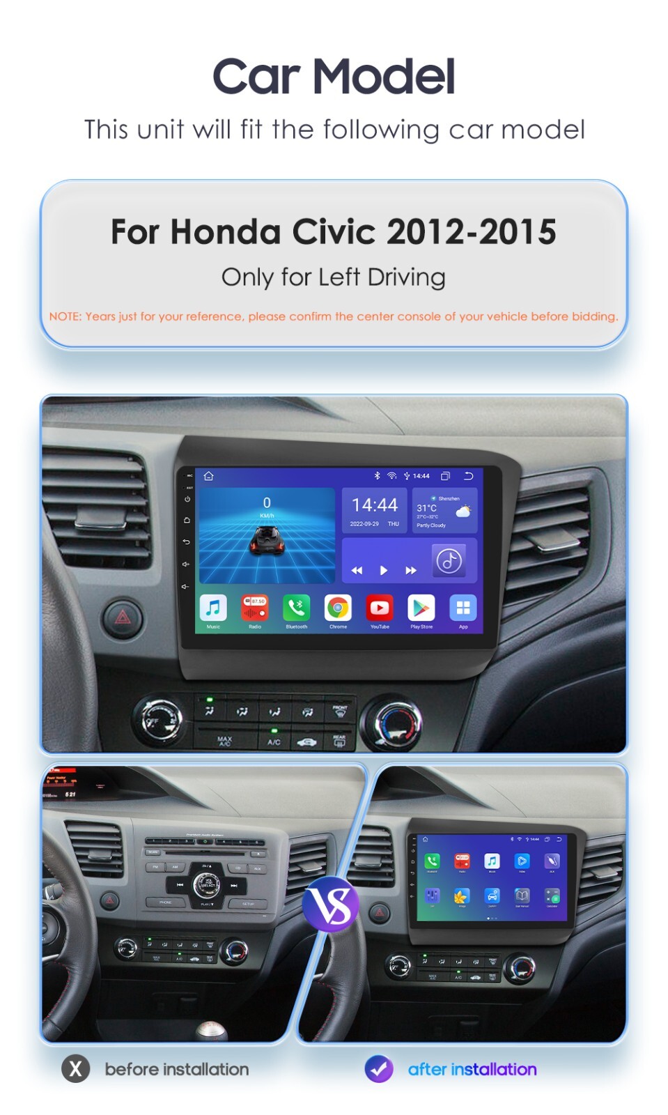 9″ For Honda Civic 2012-2015 Car Carplay Radio GPS DSP WiFi Head Unit 8GB+128GB