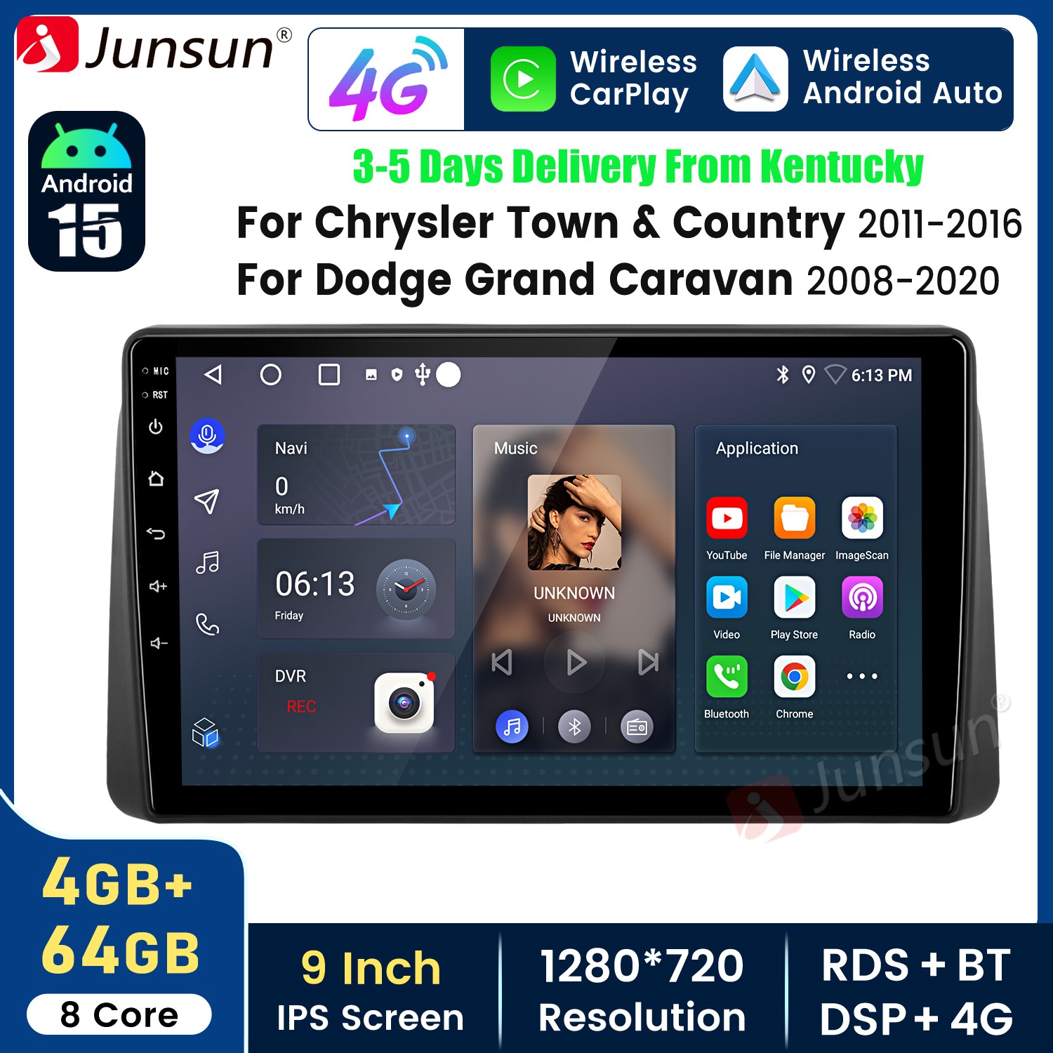 4+64G 9″Android15 For Chrysler Town & Country 11-16 Carplay Car Stereo Radio GPS