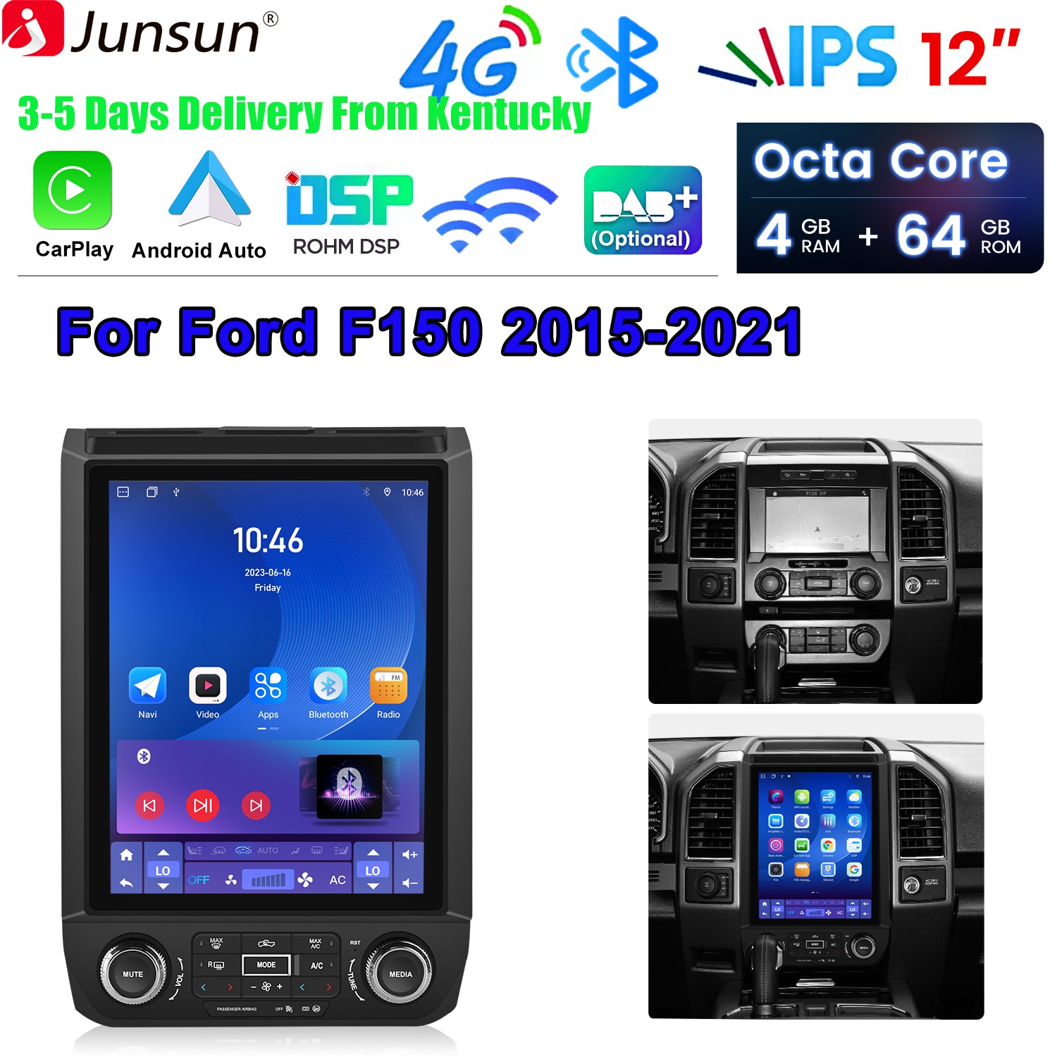 4+64G Carplay 8Core Android15 12.1″Car Radio GPS Navi 4G For Ford F150 2015-2021