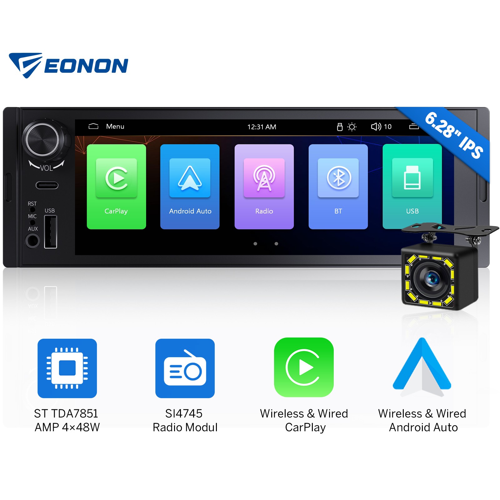 Single DIN 6.28″ Android Auto Car Stereo Head Unit Apple CarPlay IPS display GPS
