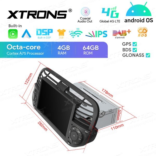 BLACK TABLET CAR FOR FIAT 500 CAR RADIO ANDROID OS 4G RAM + 64G ROM WI-FI GPS 7″