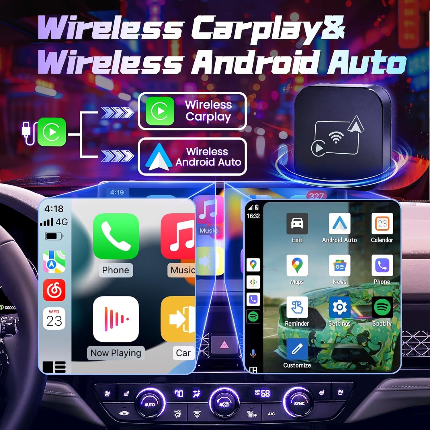 Black Wireless CarPlay AI box Android Auto WIFI Adapter Converter Plug and Play