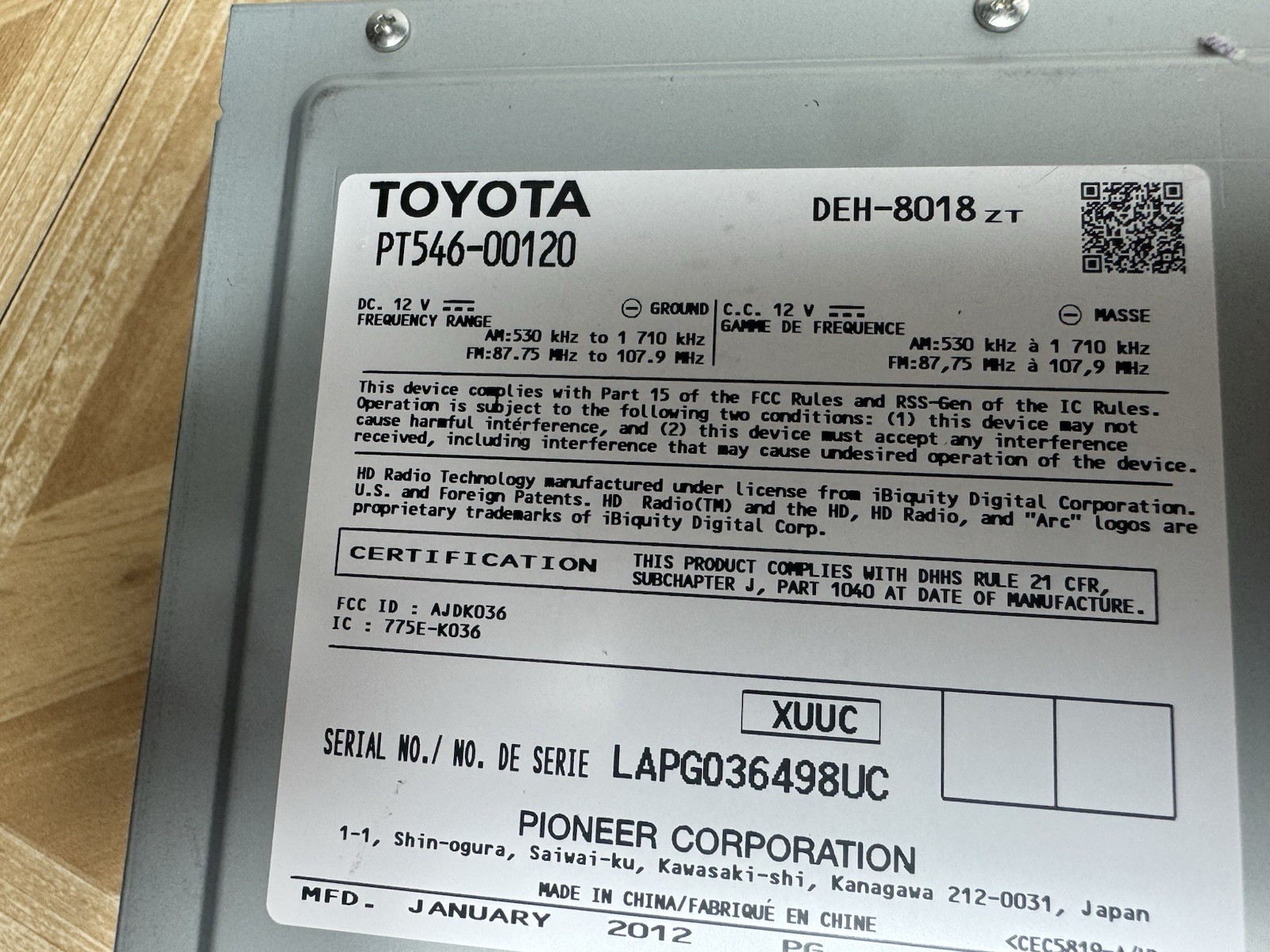 2012 Scion XB NON-NAV Radio Stereo CD Pioneer PT546-00120 Oem NOT TESTED