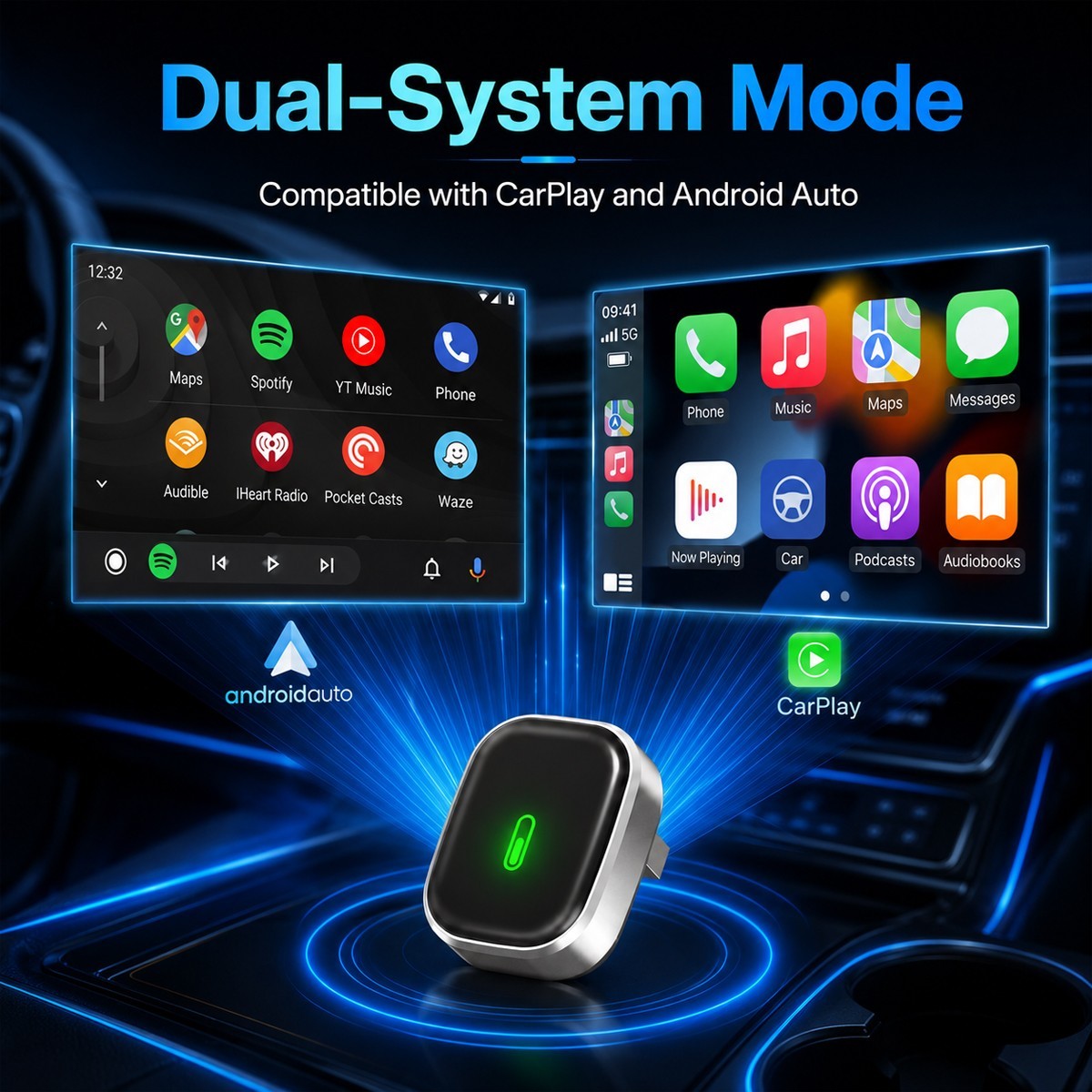 2 in 1 Wireless CarPlay Android Auto Adapter USB Plug & Play for iPhone Android