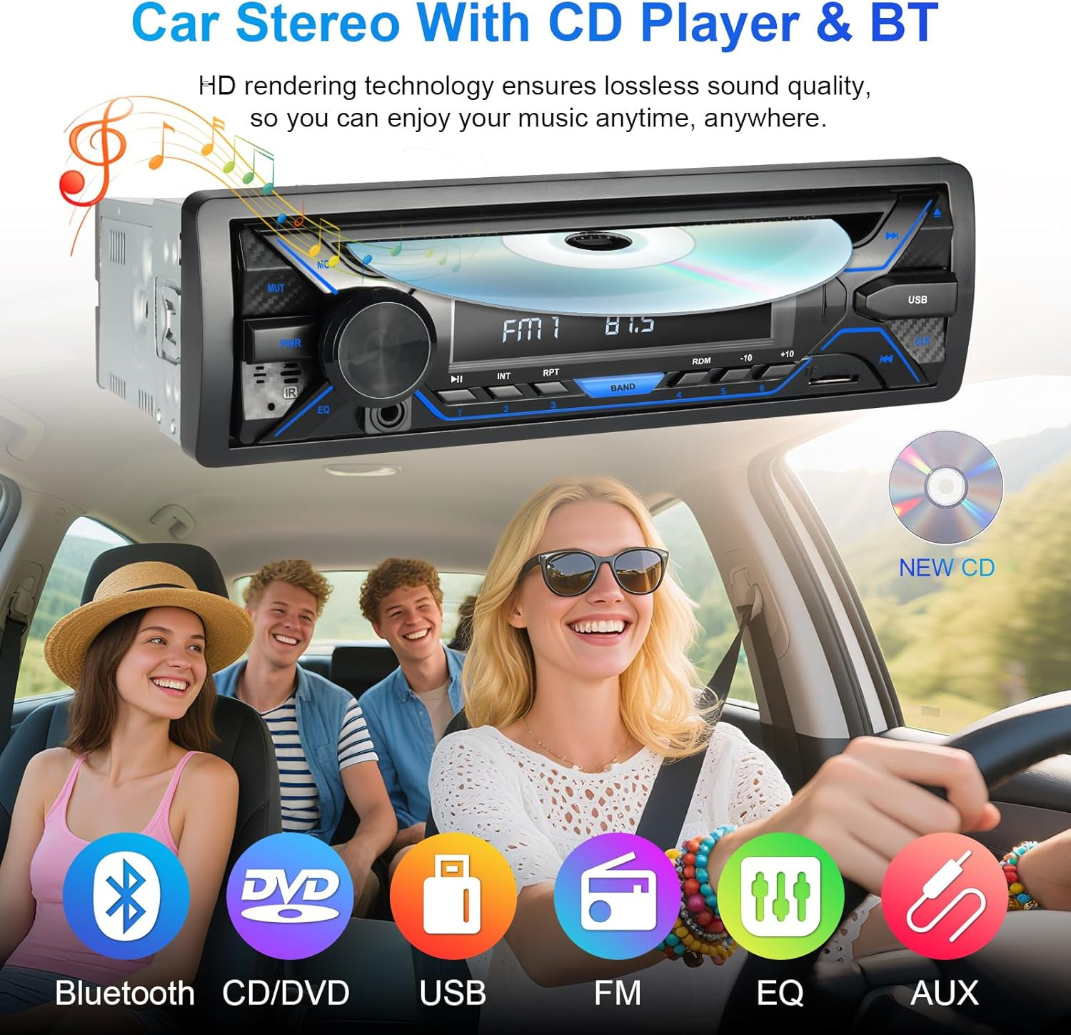 Single 1Din Bluetooth Car Stereo with CD DVD Player AM/FM Radio SD Card Playback