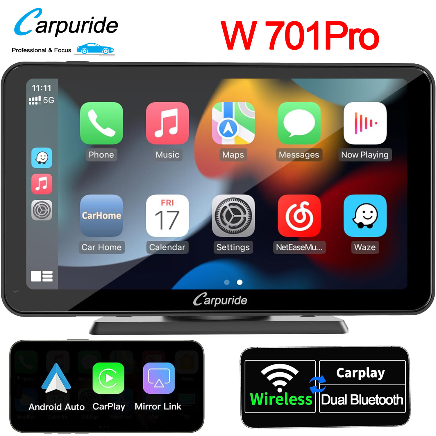 Carpuride W701Pro Wireless Carplay Android Auto Car Stereo Dual Bluetooth Audio