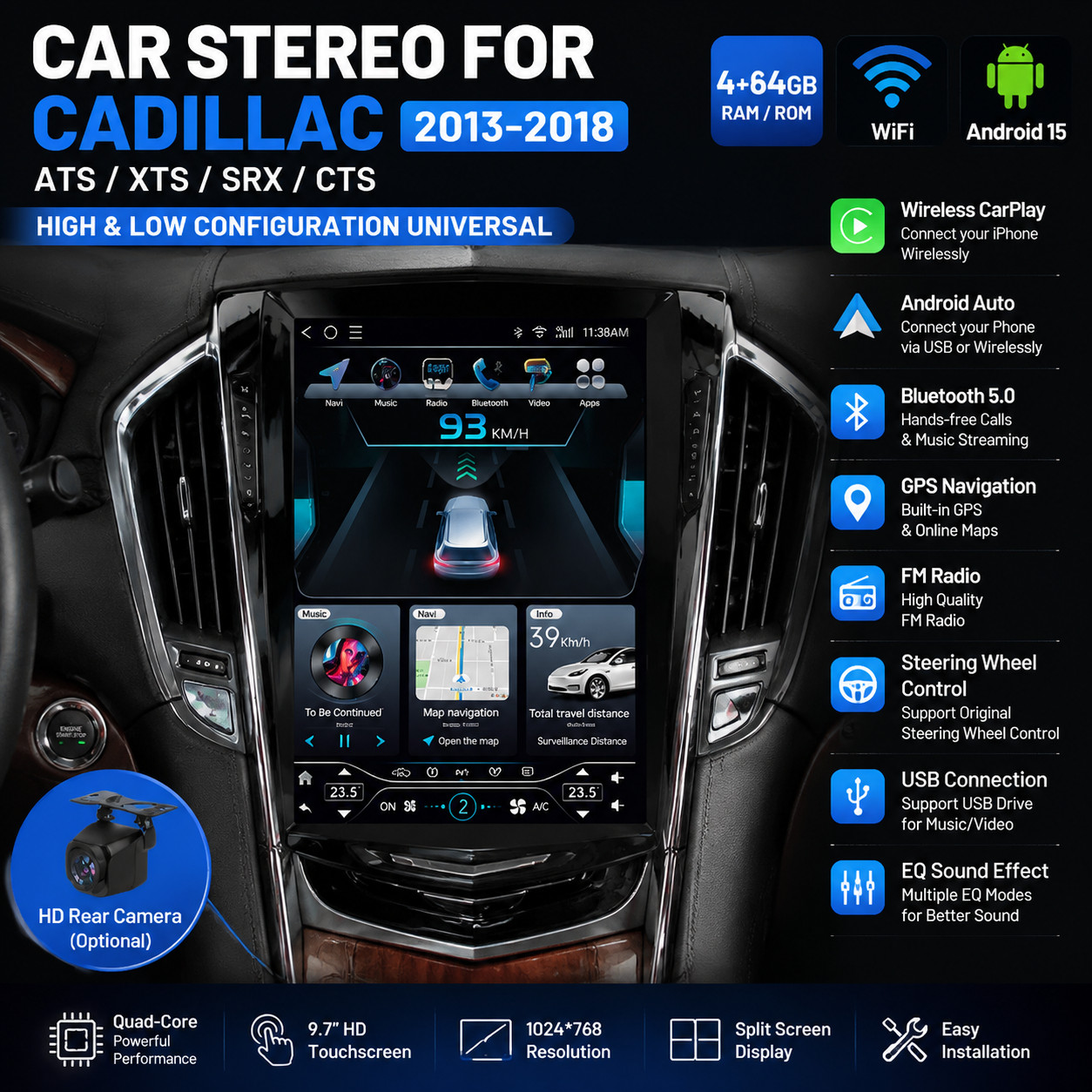 64G Screen Stereo Android Carplay for Cadillac ATS XTS SRX CTS 013-18 Car Radio