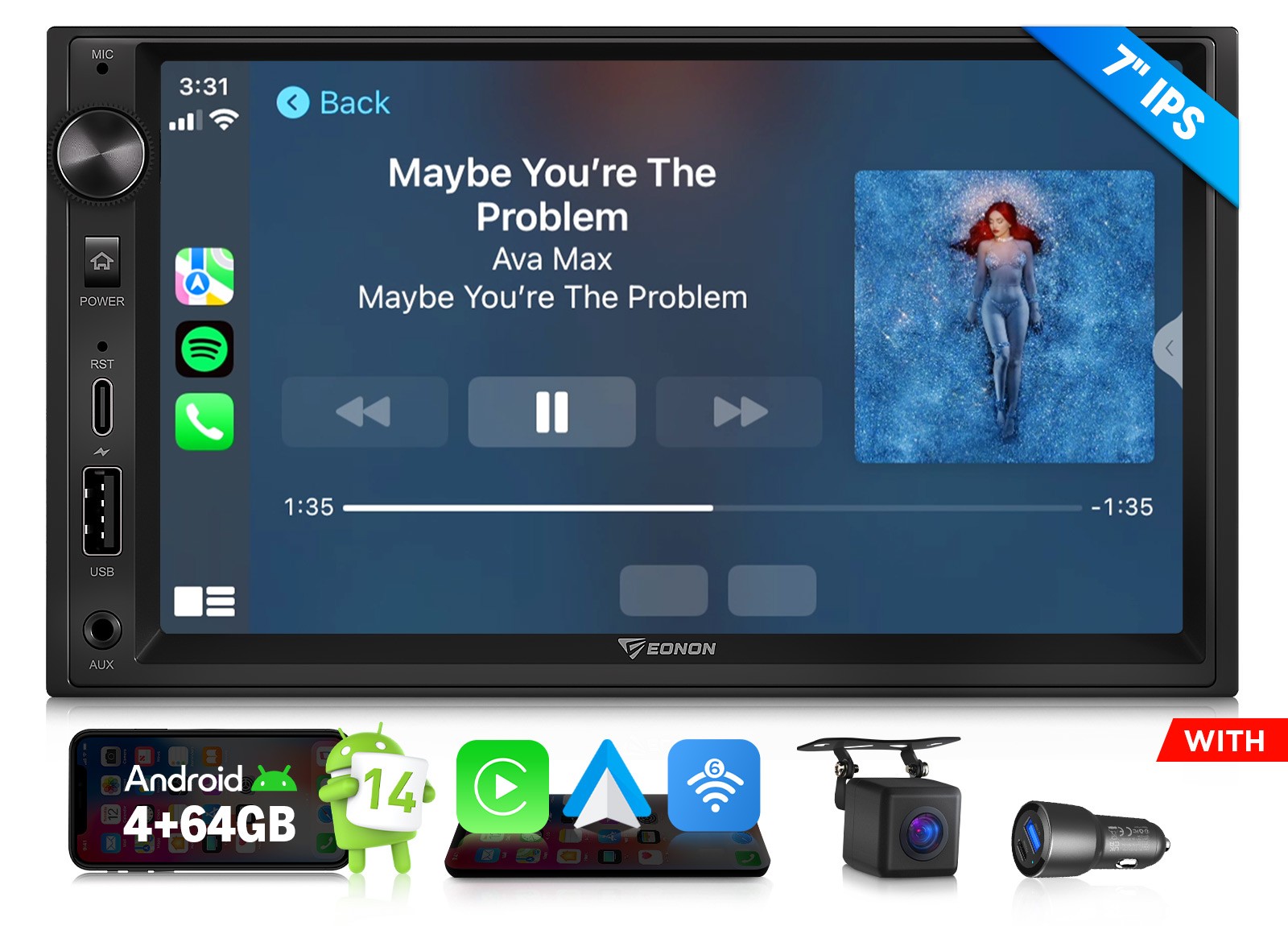 Wireless CarPlay Car Stereo 7″ IPS Android 14 4+64 GPS Bluetooth Head Unit 2 DIN