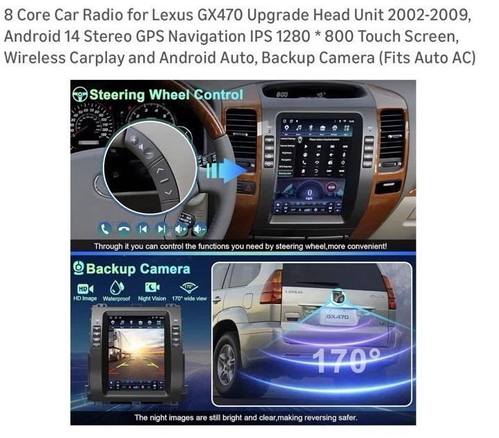 8 Core Car Radio For Lexus GX470 Upgrade Head Unit 2002-2009, Android 14 Stereo