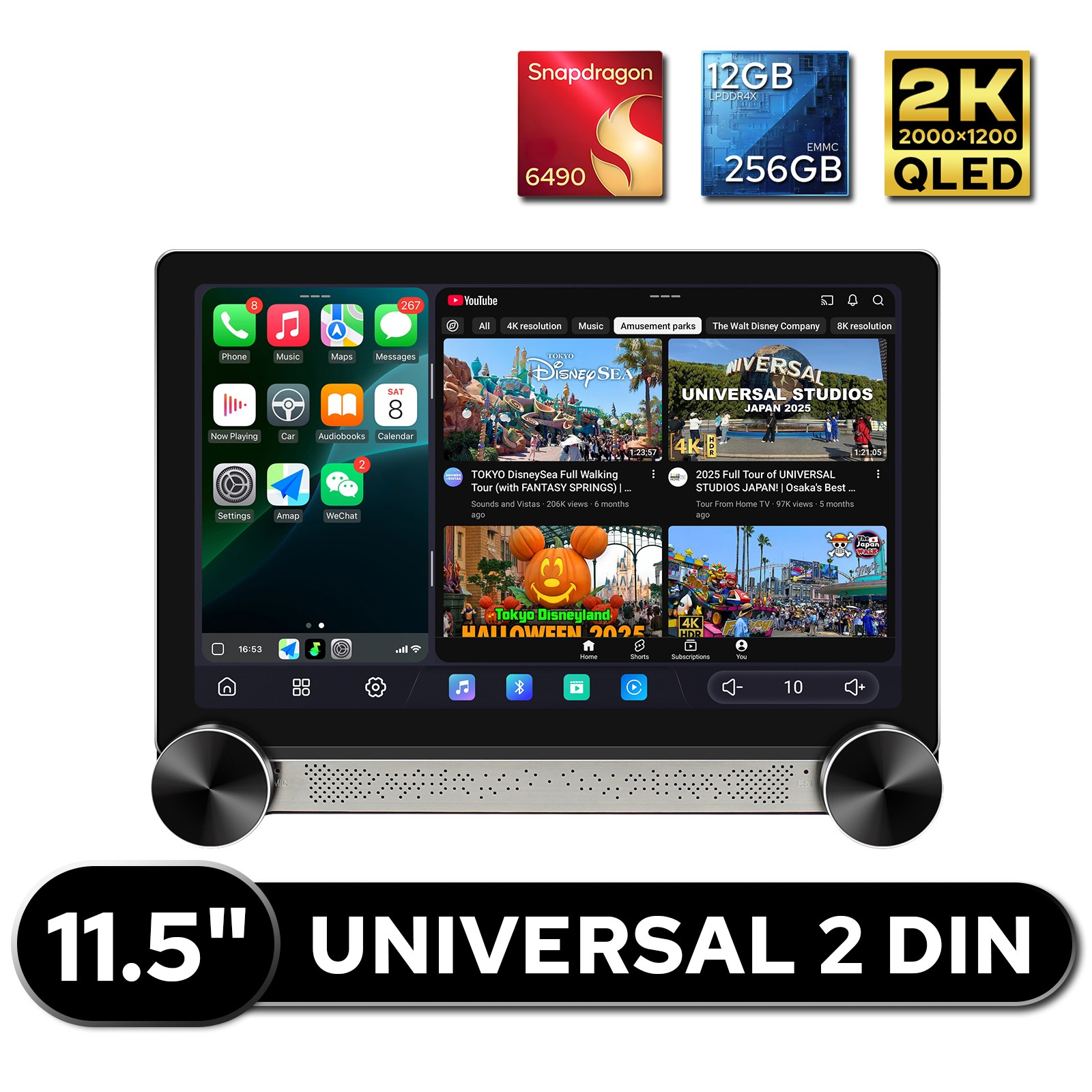 11.5” 2K QLED Android Double DIN Car Stereo with Dual Knobs Optical/Coaxial Out