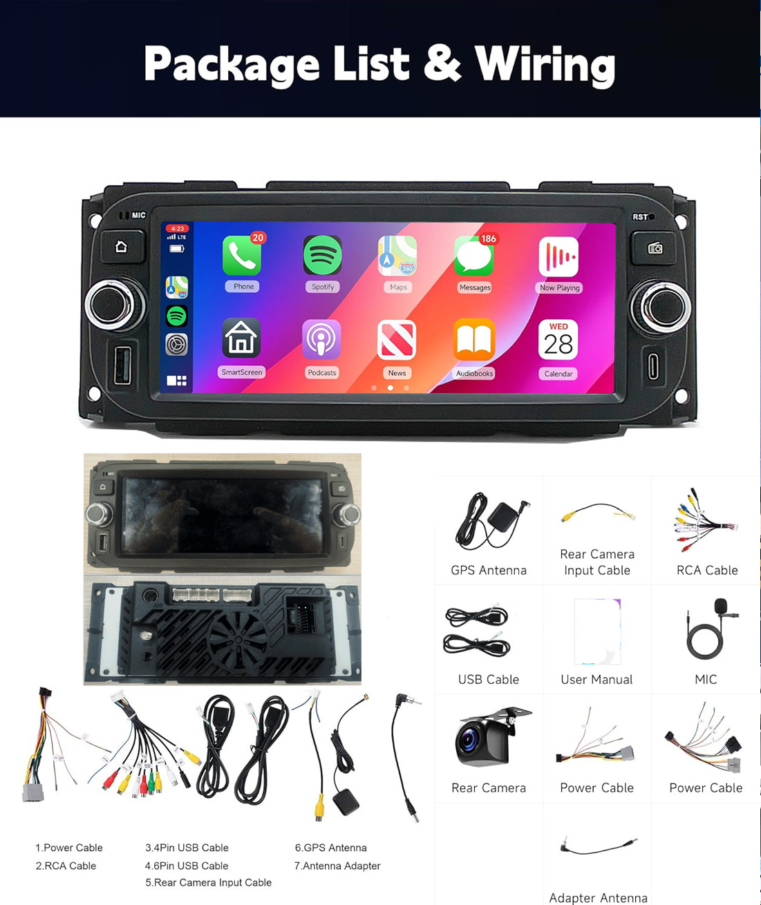 Car Radio Stereo Carplay For 2002-2005 Dodge，Jeep Ram, Wrangler 4+64G 6.8in WiFi