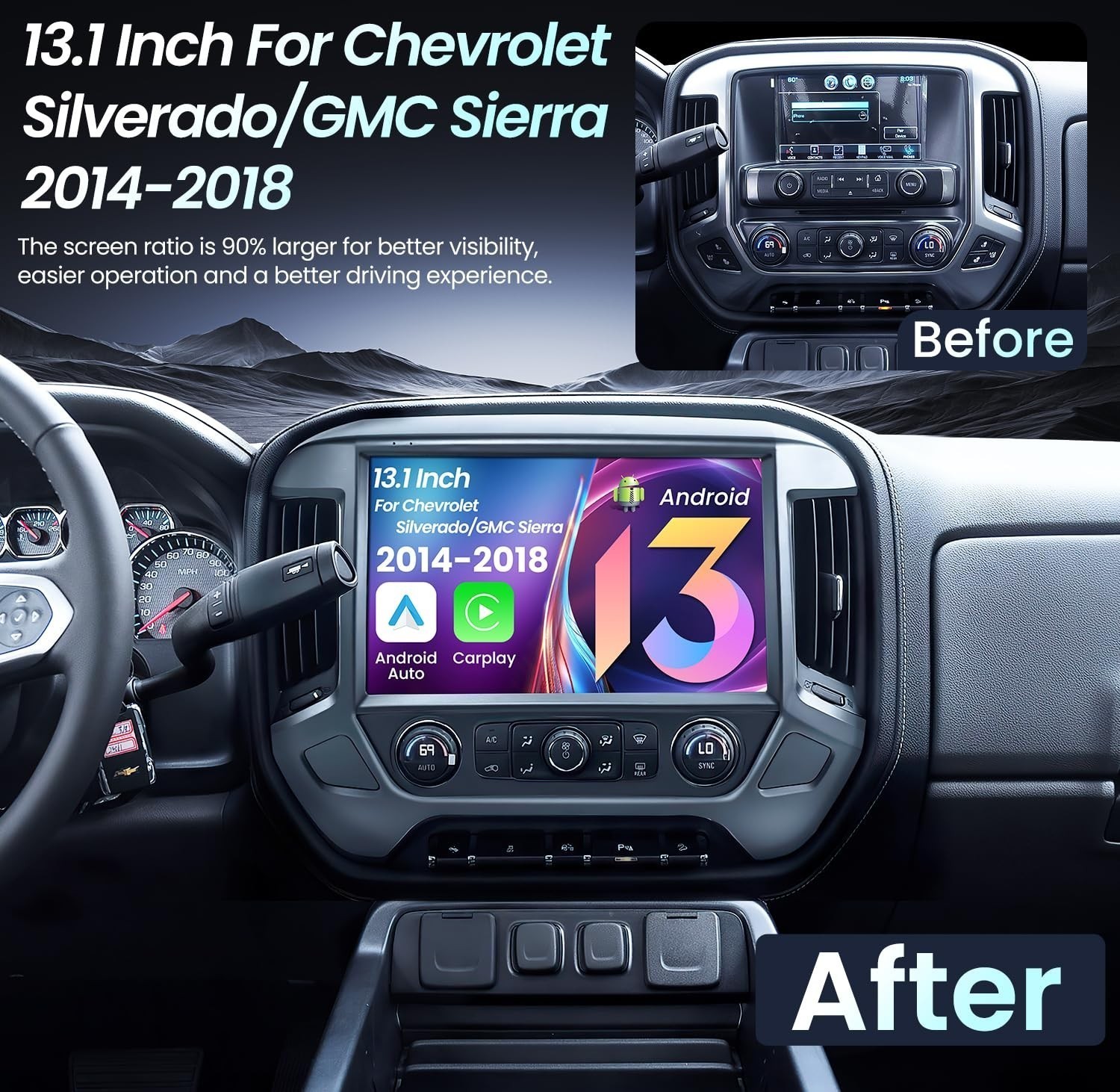 Car Radio Stereo Carplay For 2014-18 Chevrolet Silverado 4+64G 13.1in Head Unit