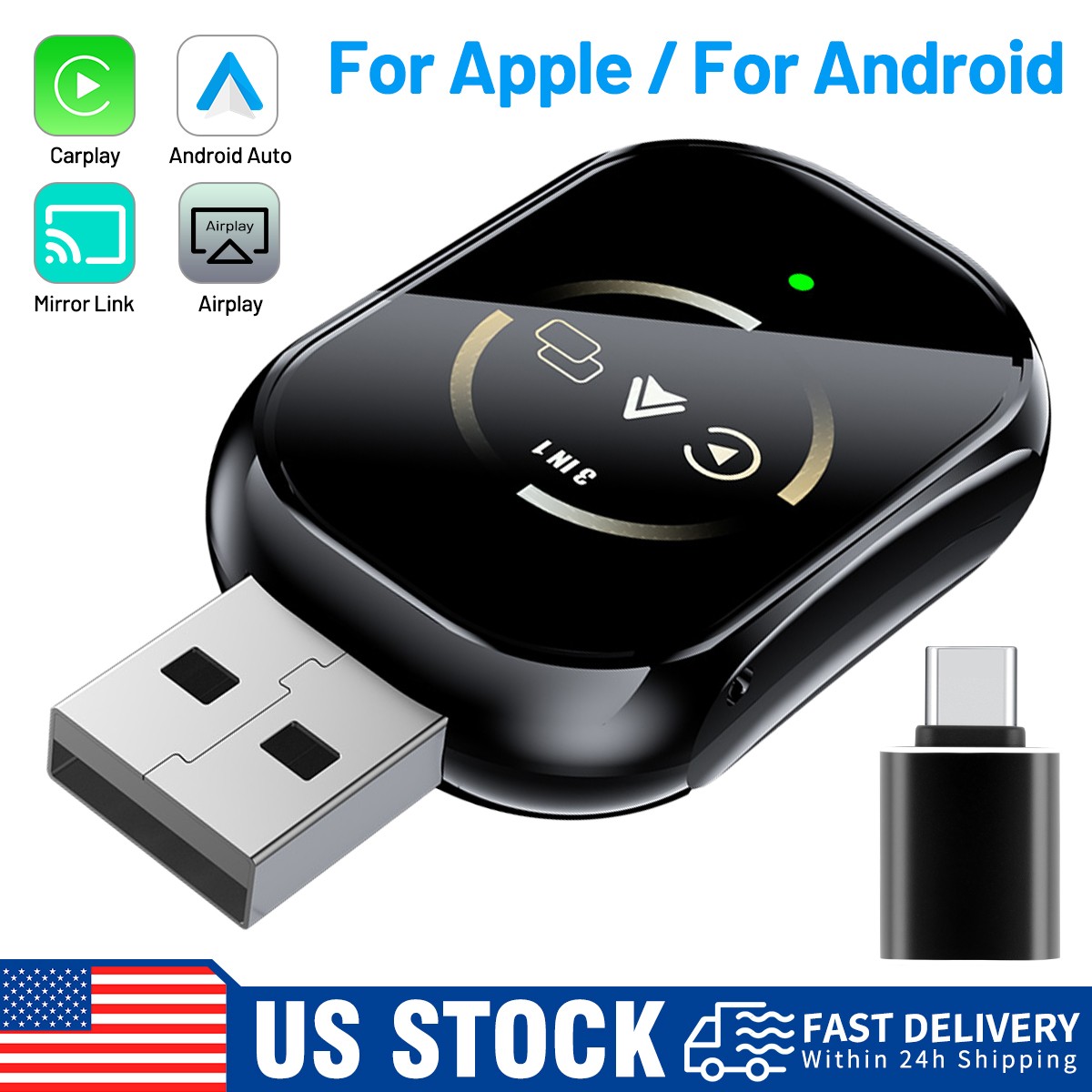 4-in-1 Wireless CarPlay IOS Android Auto Box Airplay Mirror Link Bluetooth WiFi