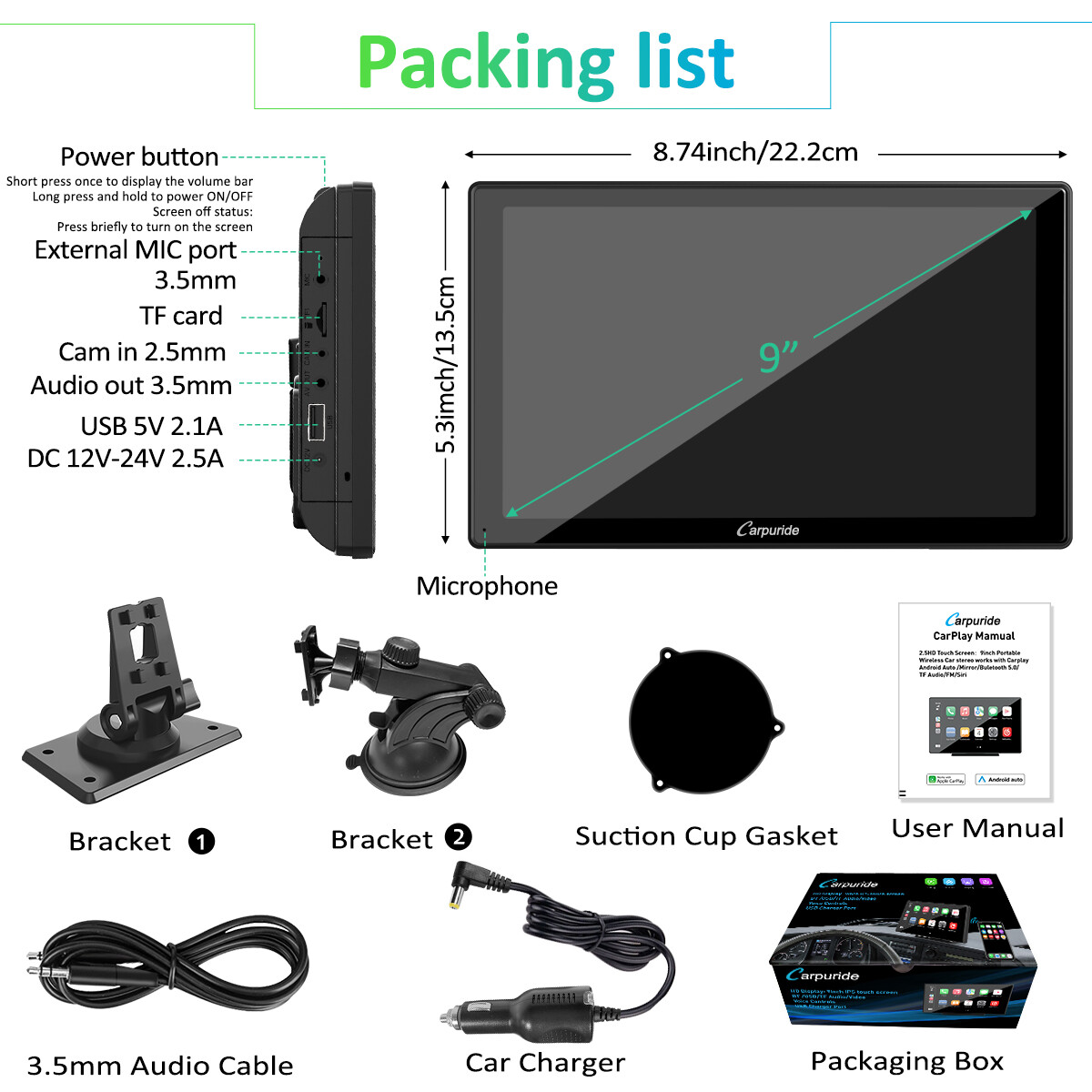 Carpuride 9 Inch Wireless Carplay & Android Auto Car Play Mirror Link Bluetooth
