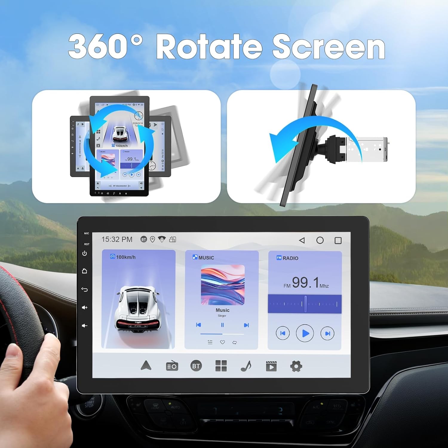 Haudio 360° Rotable Car Radio 0.1 Inch IPS Screen Car Play 1 Din Bluetooth Black