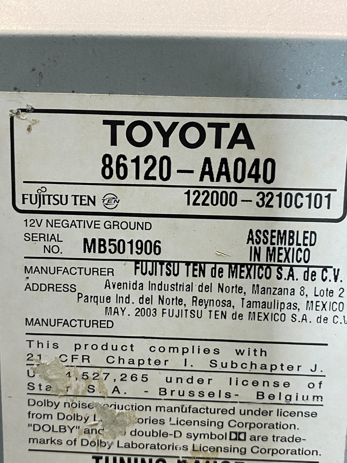 2002 2003 2004 Toyota Camry Radio AM/FM CD Player OEM AE7860 DW