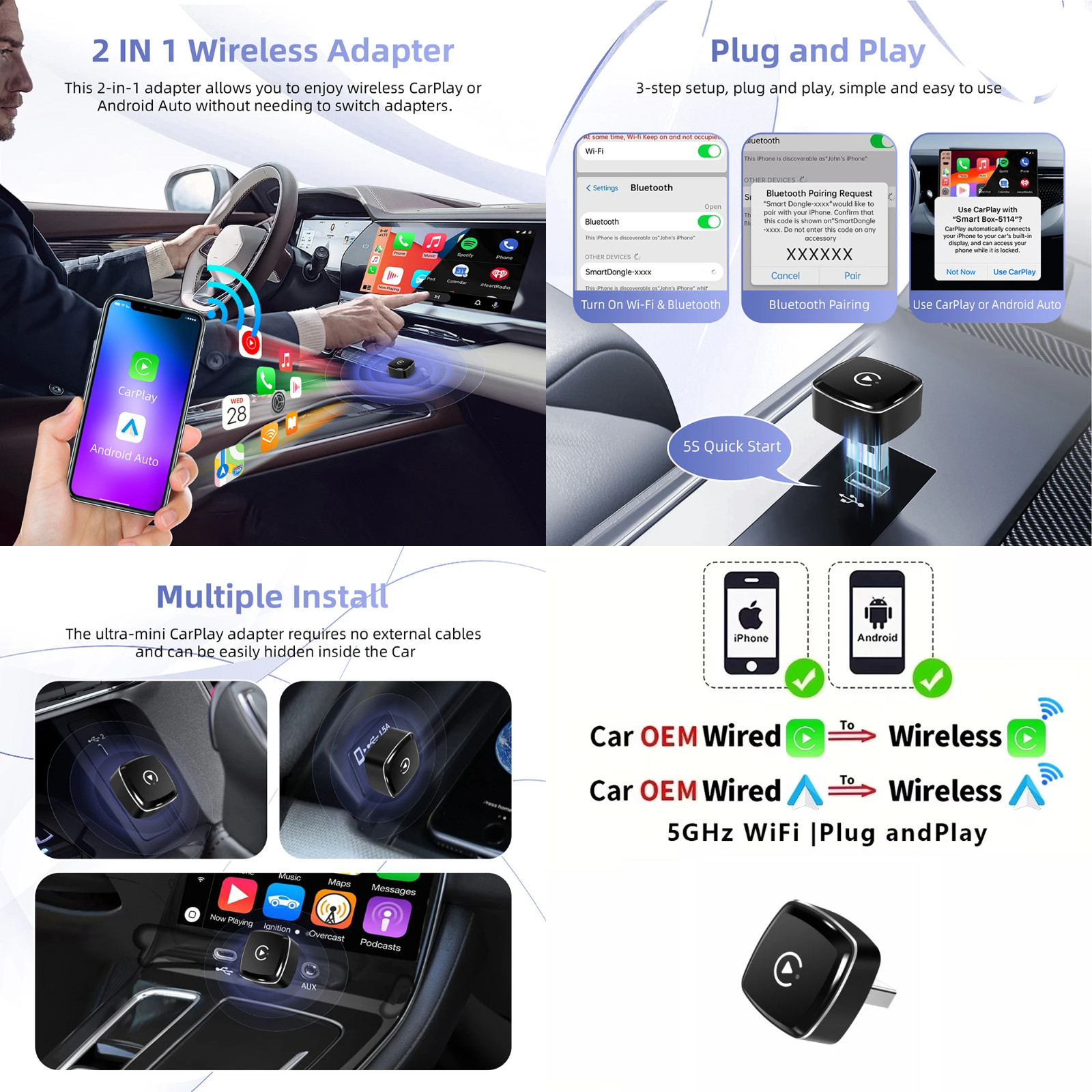 2026 2 in 1 Wireless CarPlay Adapter & Android Auto Wireless Adapter