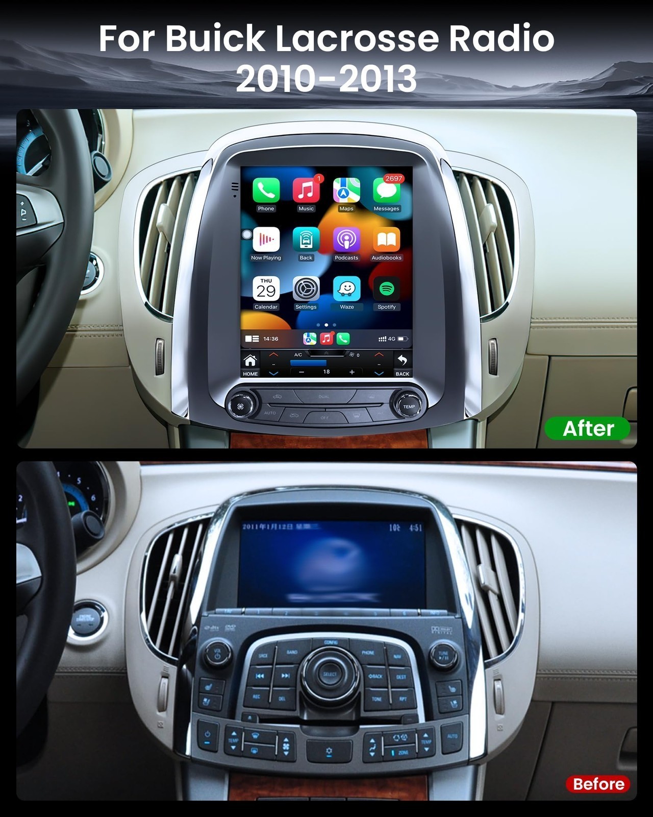 Car Radio Stereo Carplay For 2010-2013 Buick LaCrosse 4+64G 9.7in FM RDS