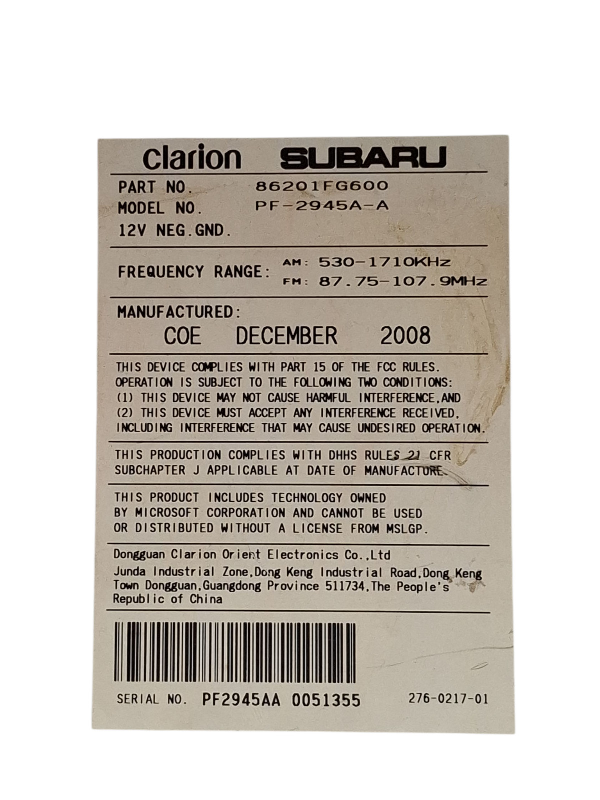 Subaru OEM Radio CD Player Clarion PF-2945A-A 86201FG600 MP3/WMA Tested